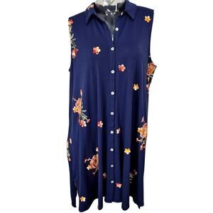 Figueroa & Flower Crewel Embroidered Navy Floral Button Front Dress Size L